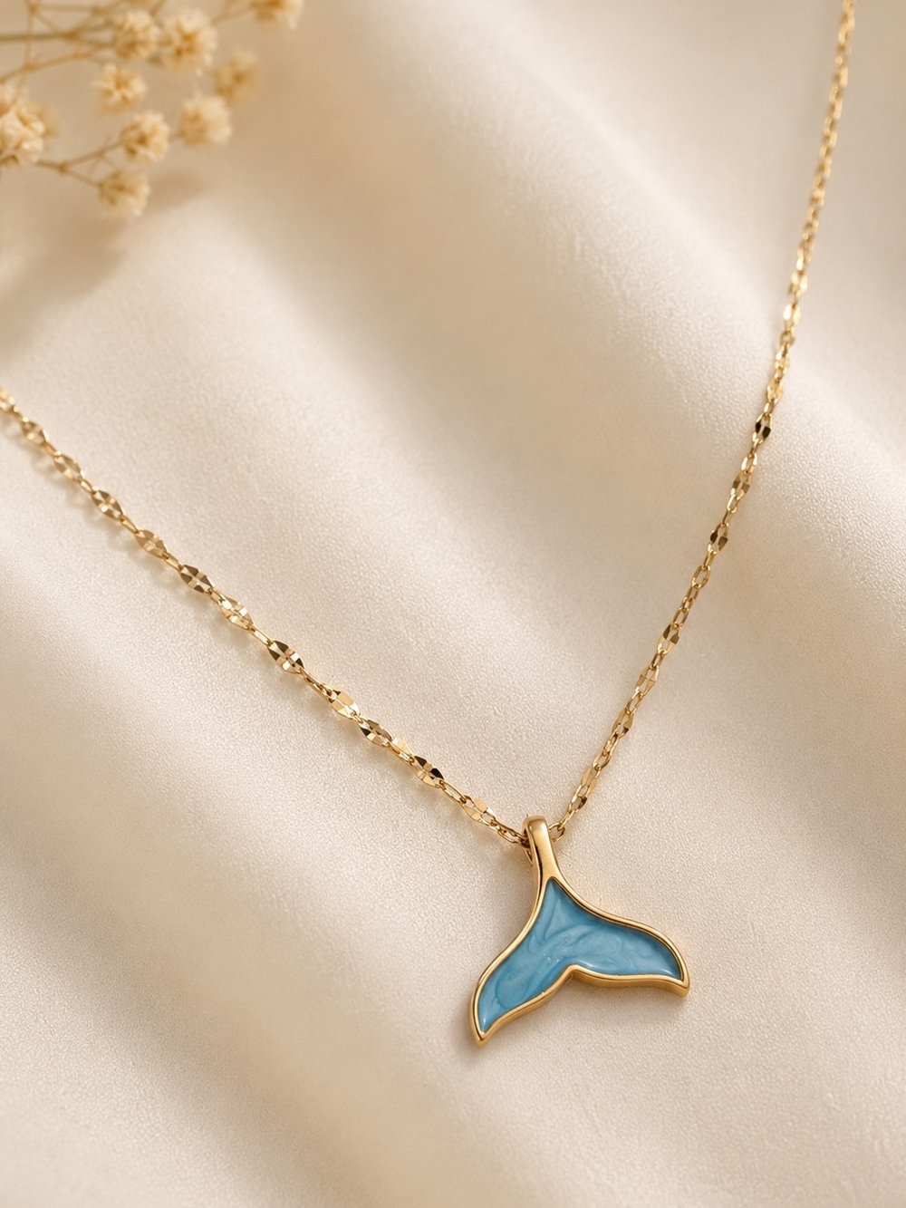 2 Pcs Set Gold Plated Mermaid Tail Pendant Necklace with Blue Inlay